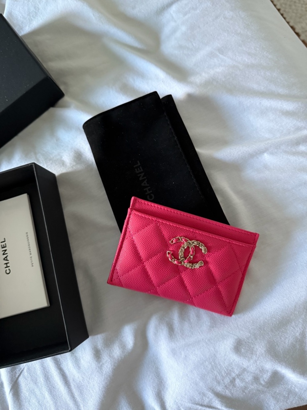CHANEL Hot Pink Quilted Card Holder with Gold Chain CC